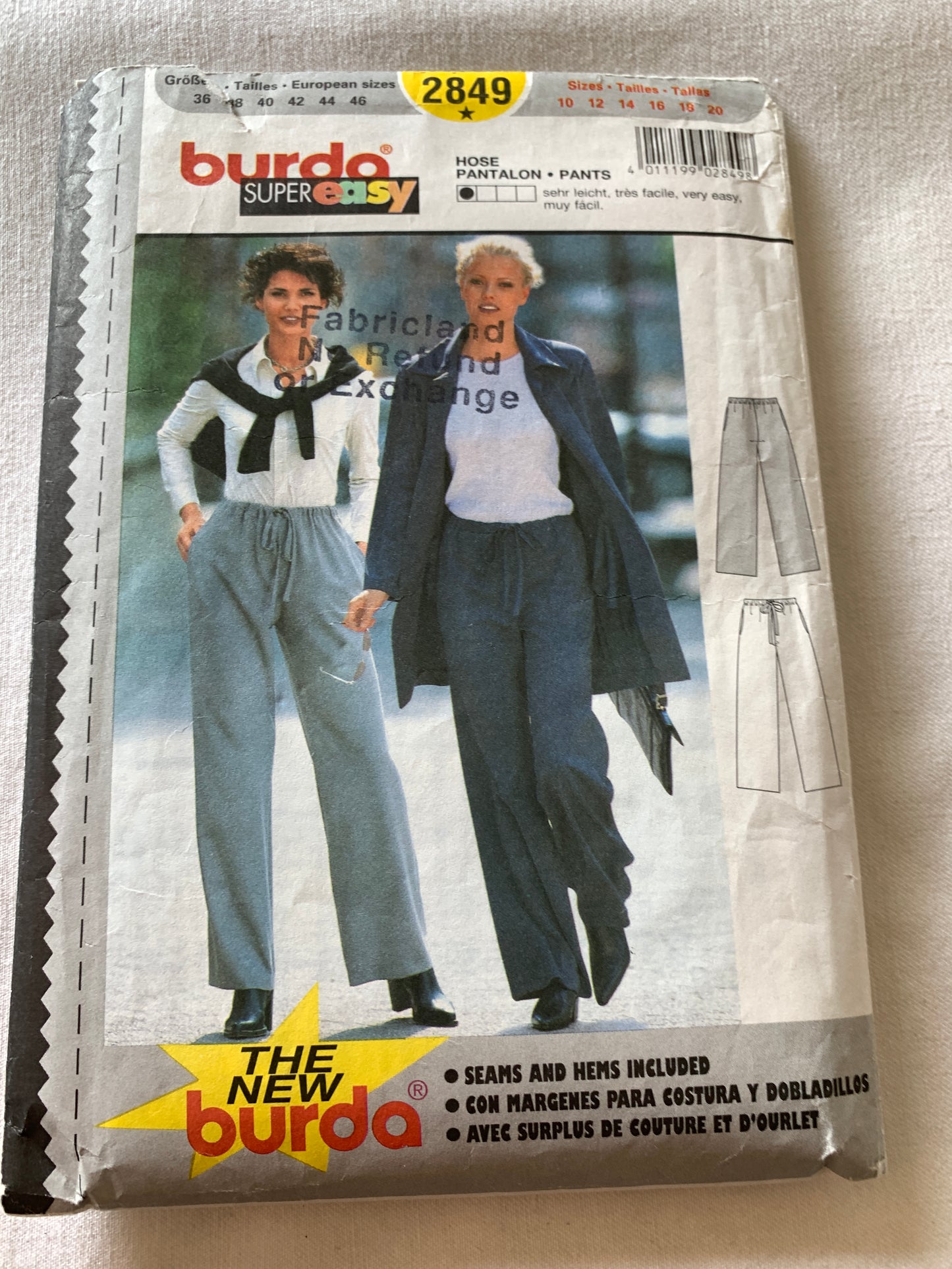 Burda Sewing Pattern 2849 Misses' Pants, Elastic Waist, Drawstring, Pull-On, Size 10-20, Cut, Vintage 1989