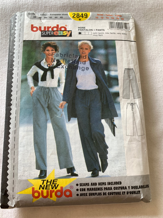 Burda Sewing Pattern 2849 Misses' Pants, Elastic Waist, Drawstring, Pull-On, Size 10-20, Cut, Vintage 1989