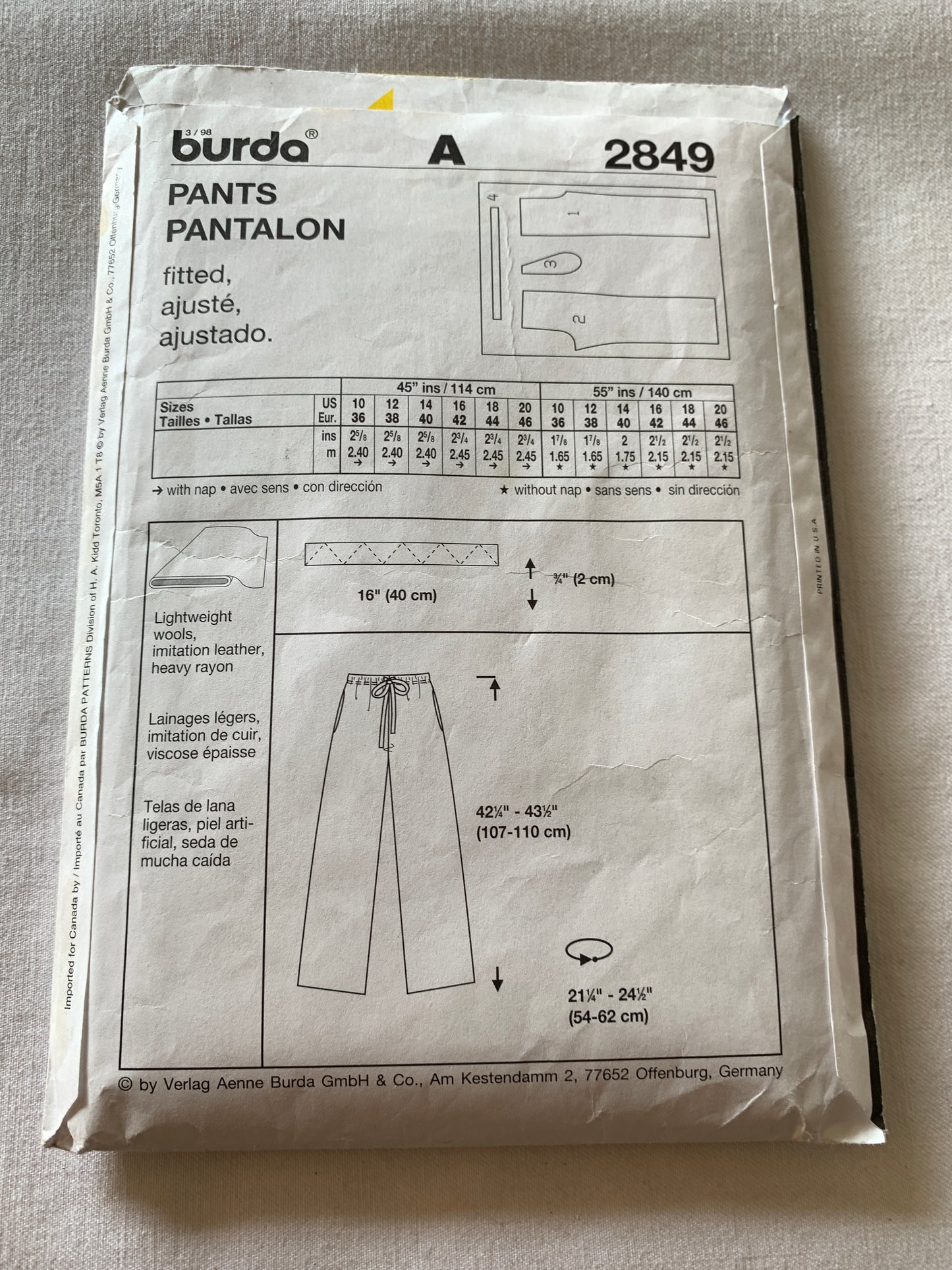 Burda Sewing Pattern 2849 Misses' Pants, Elastic Waist, Drawstring, Pull-On, Size 10-20, Cut, Vintage 1989