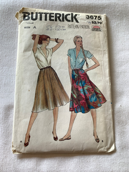 Butterick Sewing Pattern 3675 Misses' Skirt, Flared, Pockets, Elastic Waist, 2 Variations, Size 6-10, Cut, Vintage 1976