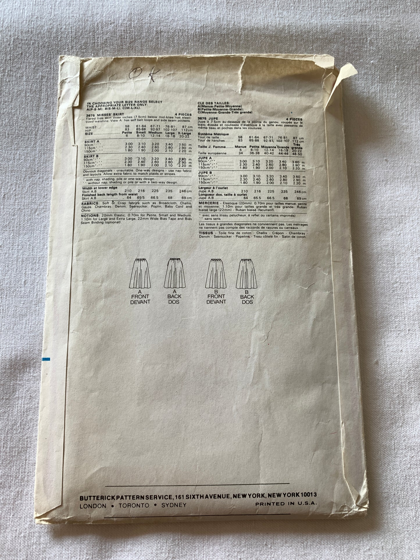 Butterick Sewing Pattern 3675 Misses' Skirt, Flared, Pockets, Elastic Waist, 2 Variations, Size 6-10, Cut, Vintage 1976