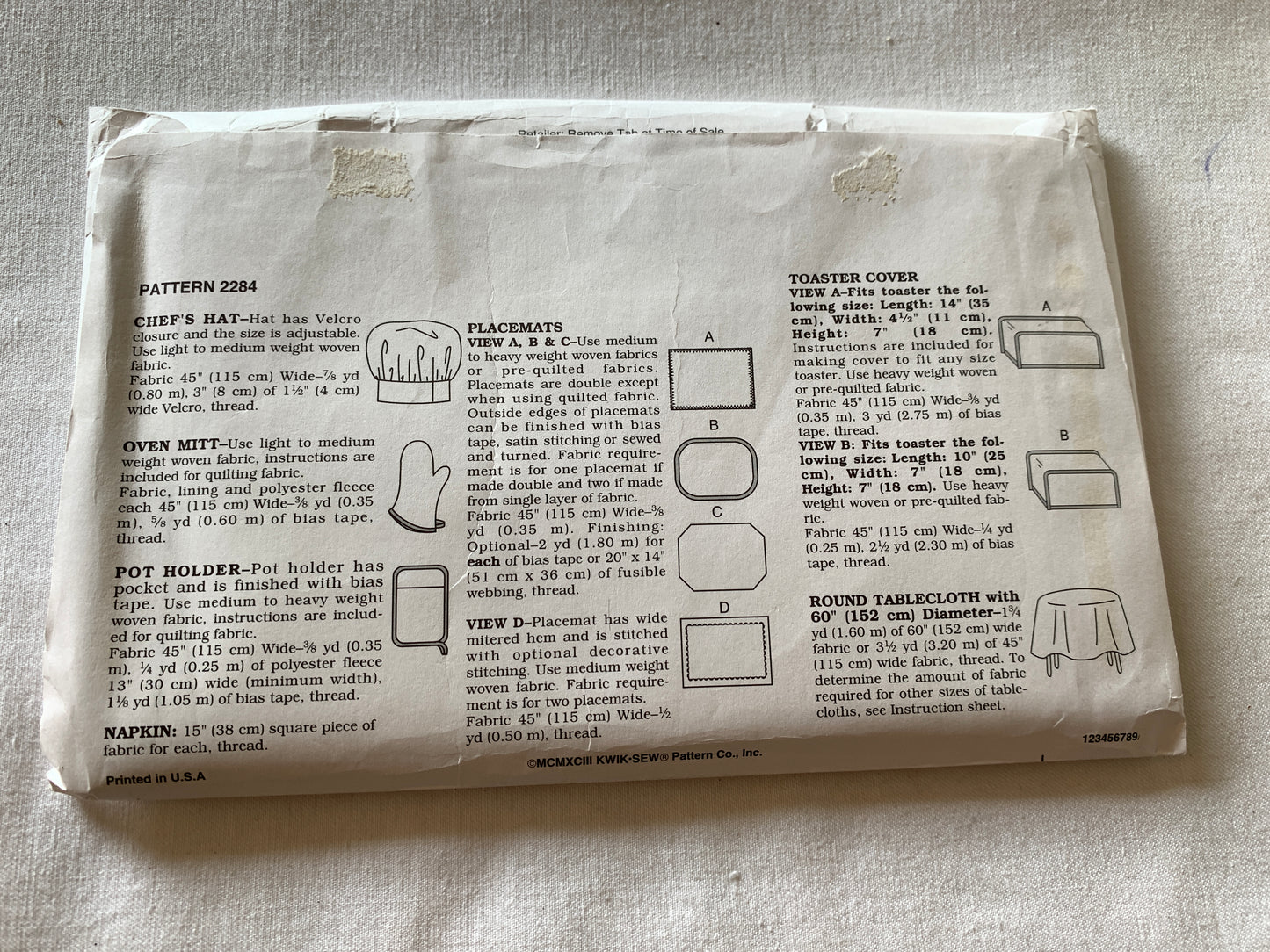 Kwik Sewing Pattern 2284 Crafts, Chef's Hat, Oven Mitt, Pot Holder, Napkin, Placemats, Toaster Cover, Round Tablecloth, Cut, Vintage 1993