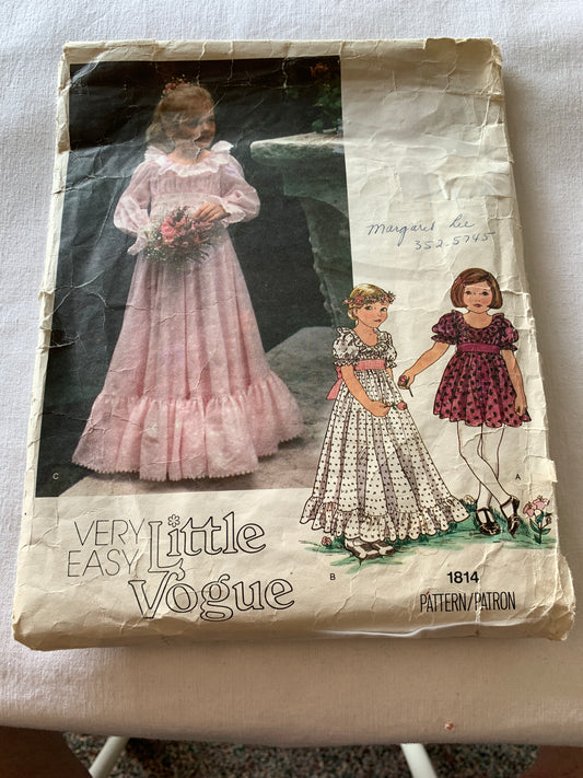 Vogue LIttle Sewing Pattern 1814 Girls' Dress,Fitted, 2 Lengths, Ruffles, Zipper Back, Long/Short Sleeves, Size 6, Cut, Vintage 1970