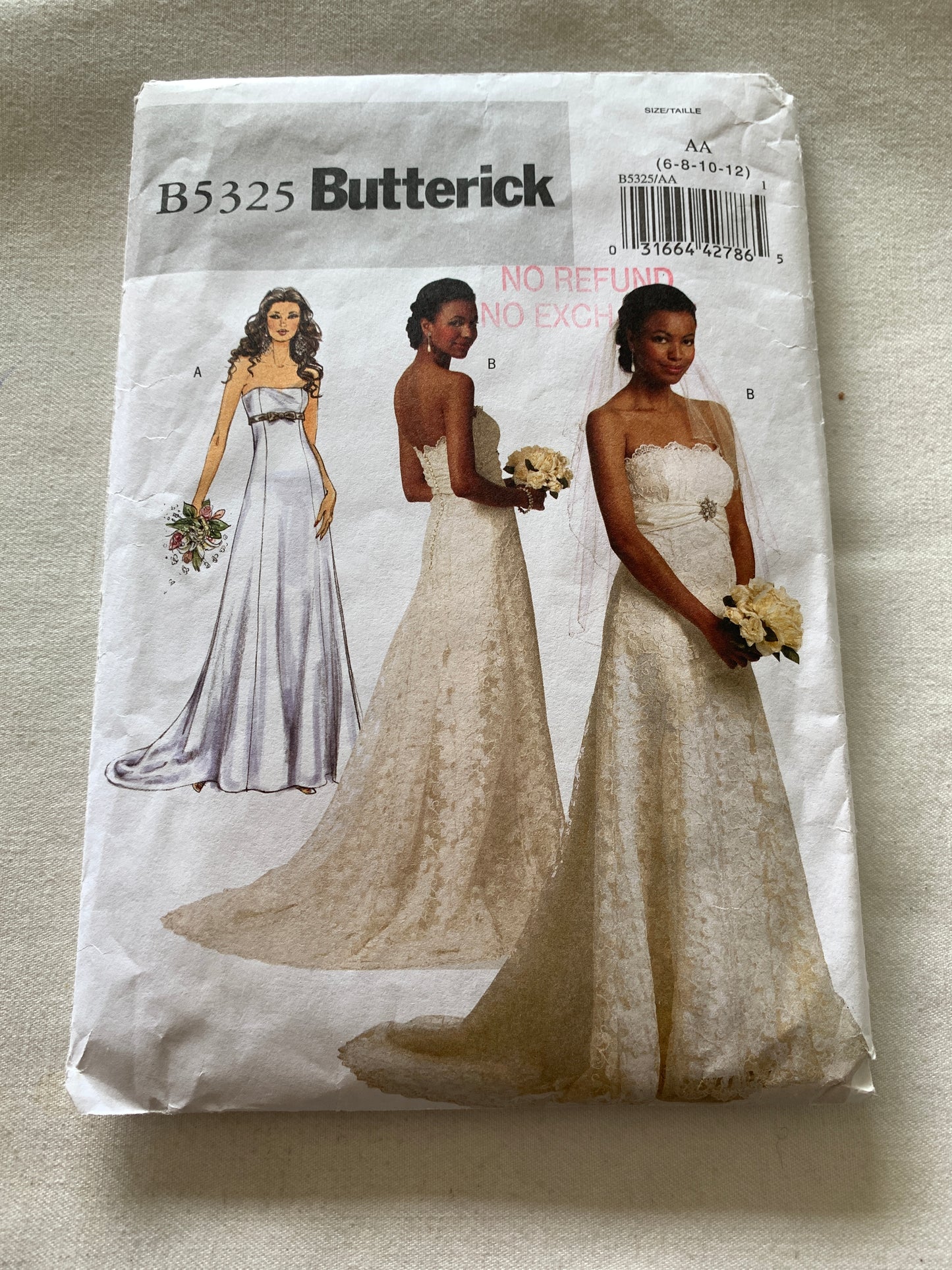 Butterick Sewing Pattern B5325 Misses' Bridal Gowns, Bridesmaids' Dress, Two Lengths, Princess seams, Train, Zipper Back, Size 6-12, Cut, Vintage 2000-2026