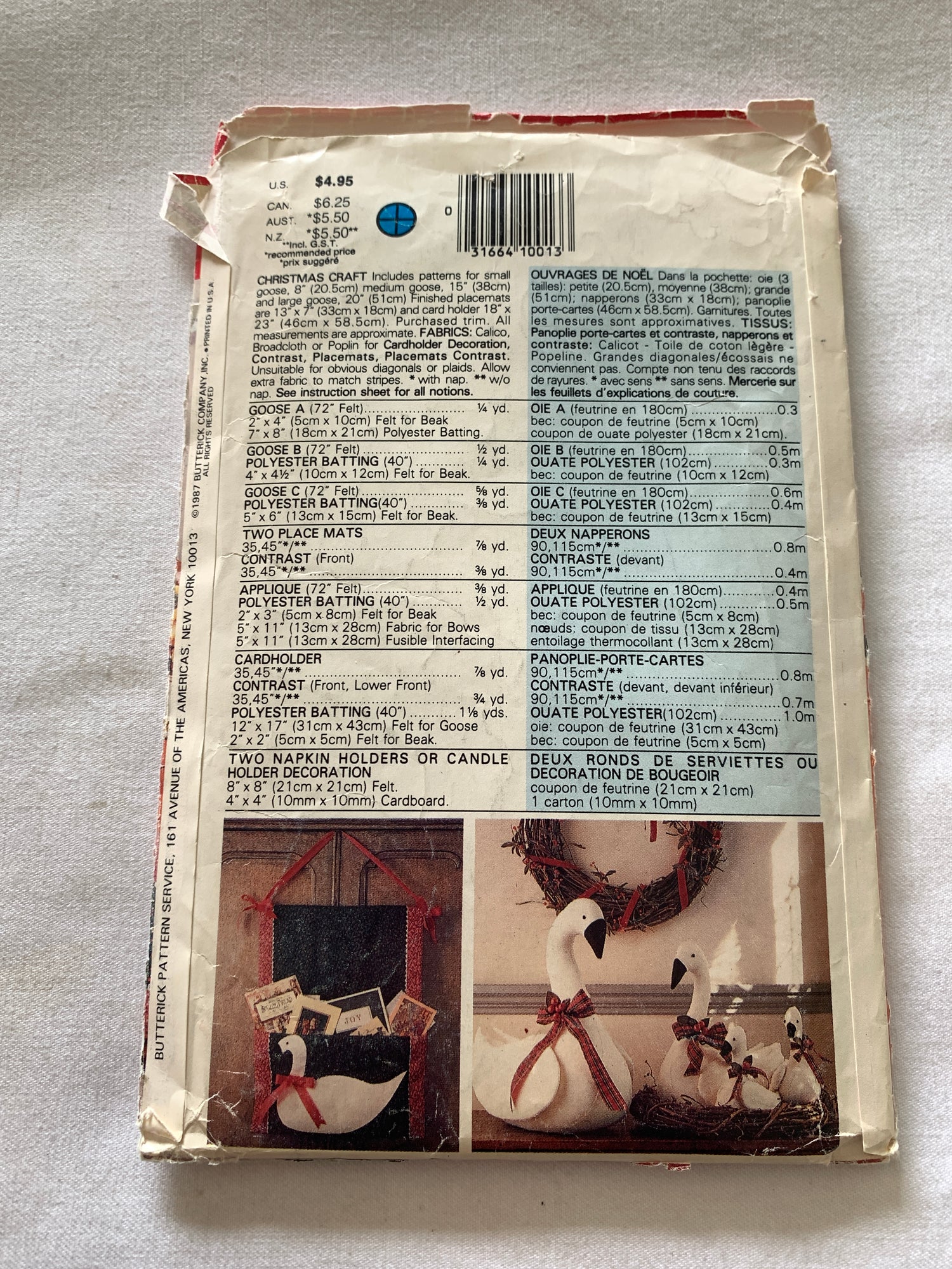 Butterick Sewing Pattern 5803 Craft Christmas Goose Family Centerpieces, 3 Sizes, Placemat, Card Holder, Cut, Vintage 1987