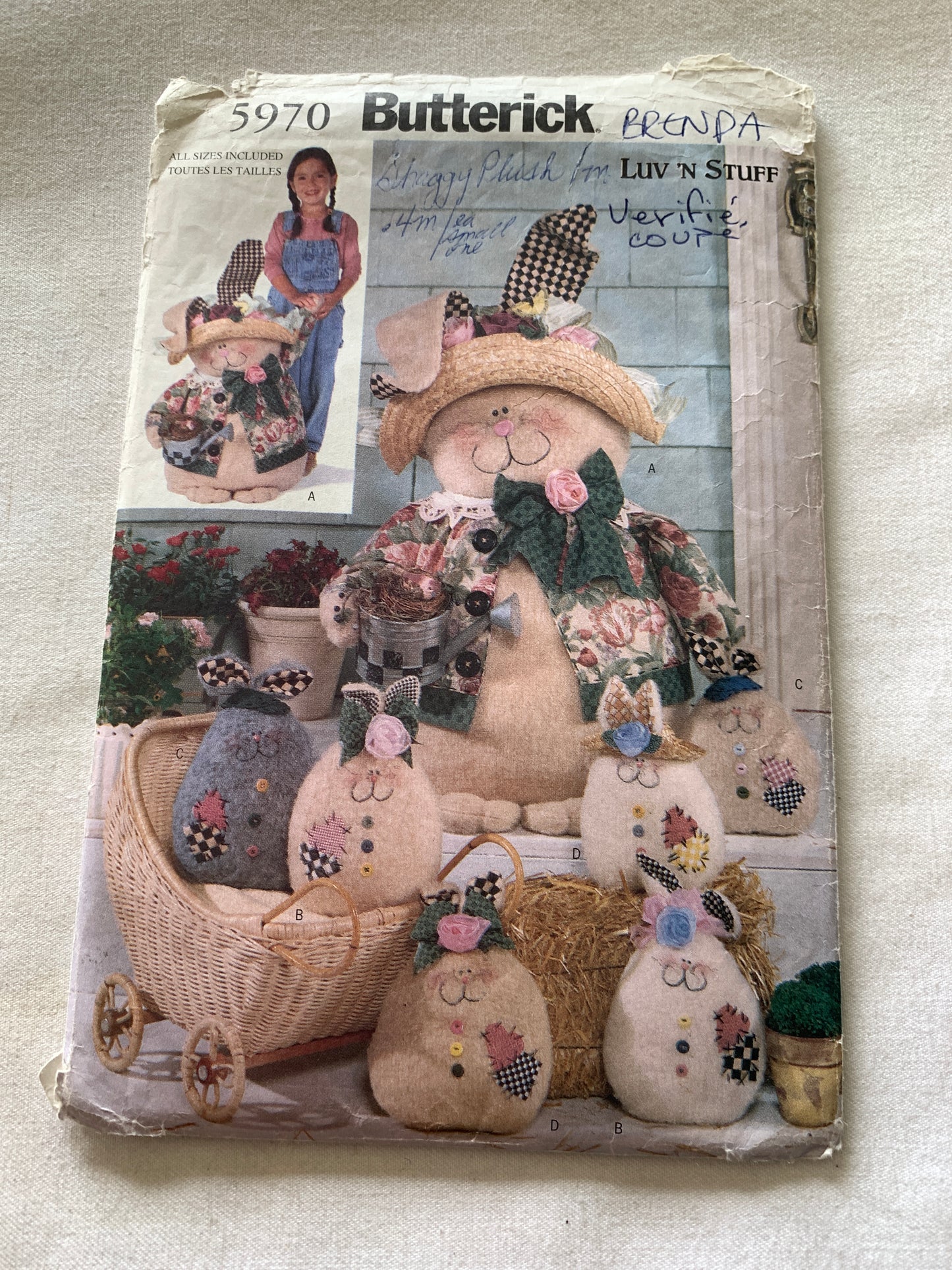Butterick Sewing Pattern 5825 Crafts Stuffed Animals, Porch Bunnies, 24 Inch Tall, Cut, Vintage 1999