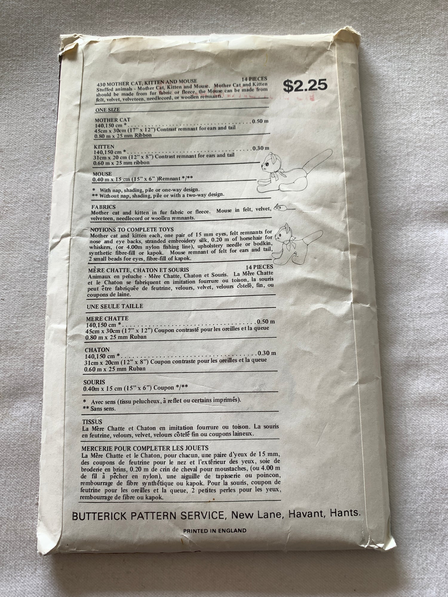 Butterick Sewing Pattern 430 Craft Stuffed Animals, Mother Cat, Kitten, Mouse, Cut, Vintage 1998