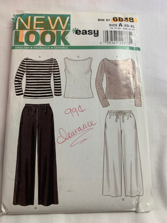 Simplicity Sewing Pattern 6838 Misses' Tops, Pants, Pull-On, Elastic Waist, Long Sleeves, Sleeveless, Round Neckline, Size 6-24, Uncut, 2003