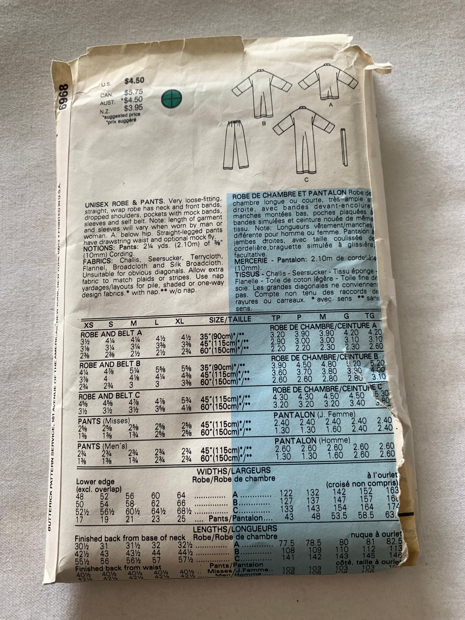 Butterick Sewing Pattern 6968 Men's/Misses' Unixex Robe, 3 Lengths, Top, Pants, Pajamas, Size XS-S, Cut, Vintage 1970