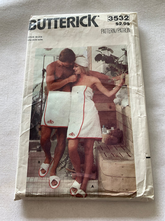 Butterick Sewing Pattern 3532 Men's/Misses' Unixex  Bath Accessories, Turbans, Slippers, Transfer Missing, One Size, Cut, Vintage 1970