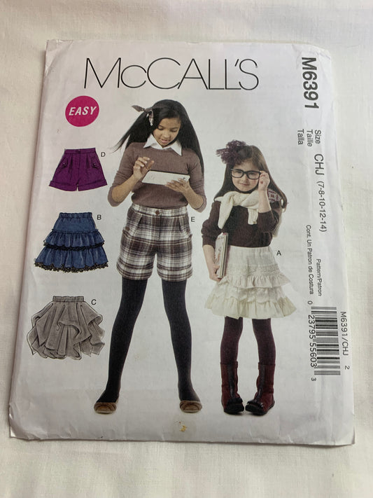 McCall's Sewing Pattern M6391 Children's/Girls' Skirt, Shorts, Ruffles, Pockets, Zipper Front, Size 7-14, Uncut, 2011