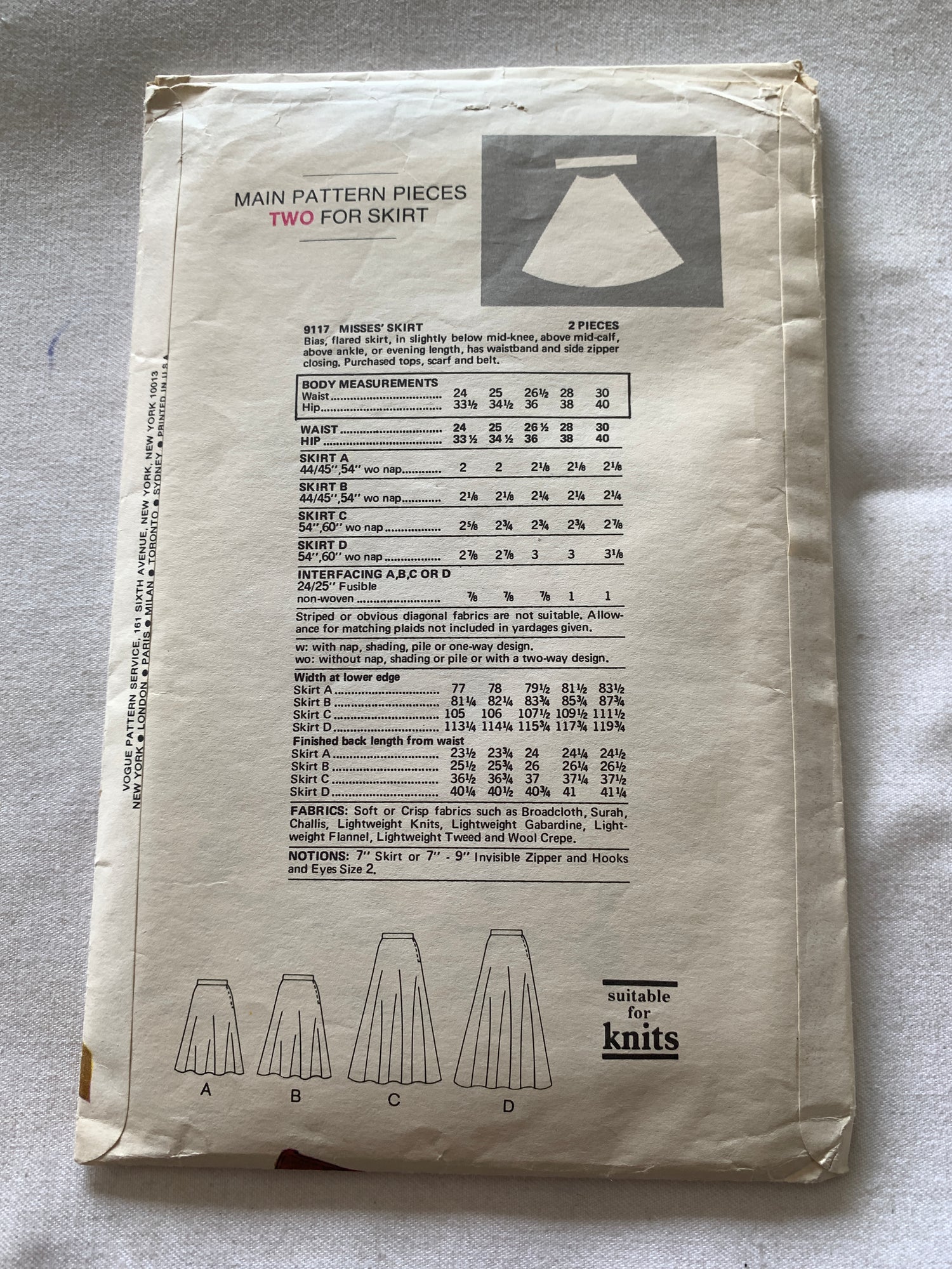 Vogue Sewing Pattern 9117 Misses' Skirts, Two Lengths, Side Zipper, Size 26 1/2, Cut, Vintage 1970