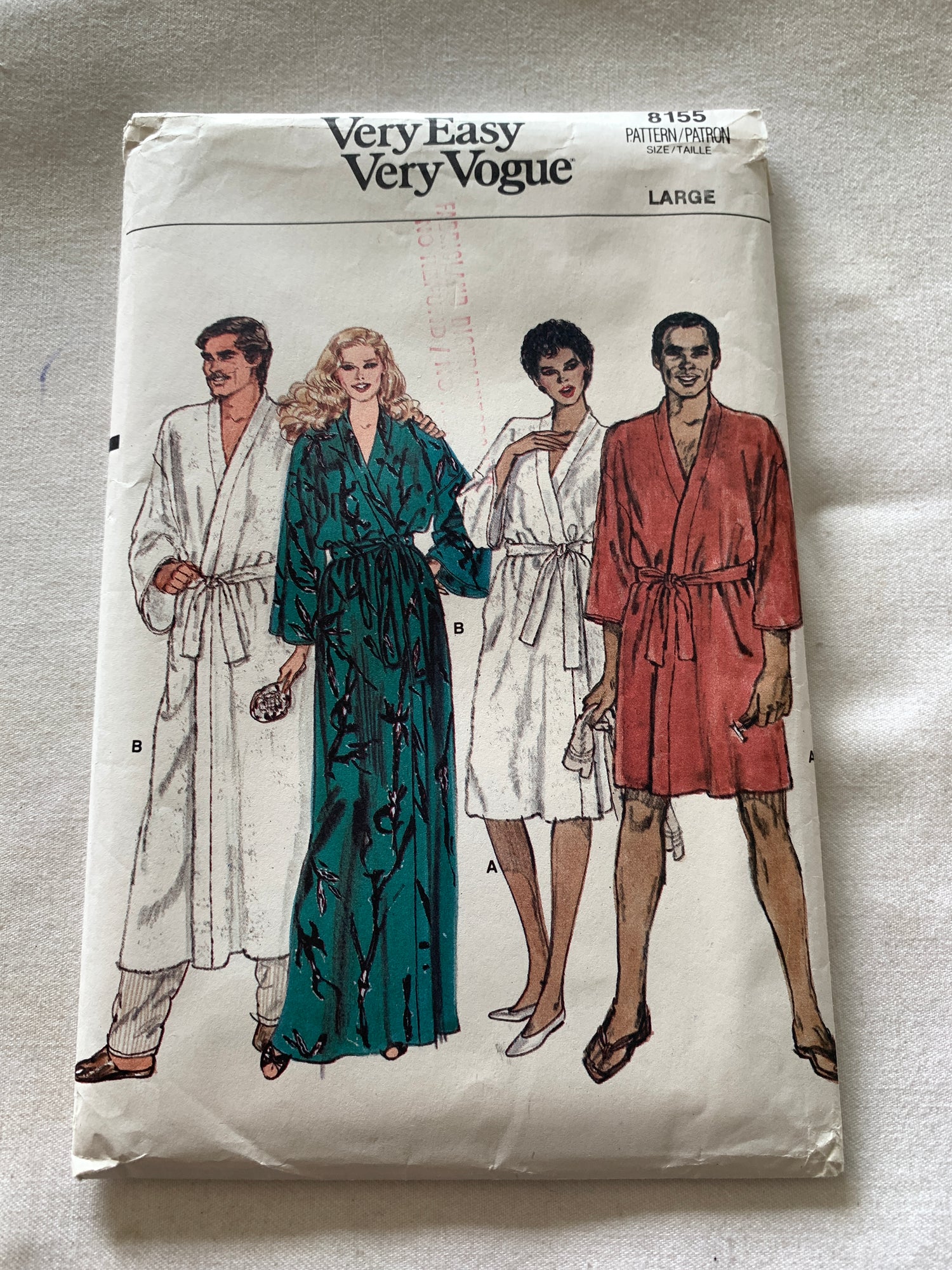 Vogue Sewing Pattern 8155 Misses'/Men's Robe, Housecoat, Long Sleeves, Tie Belt, Two Lengths, Size Large, Cut, Vintage 1987
