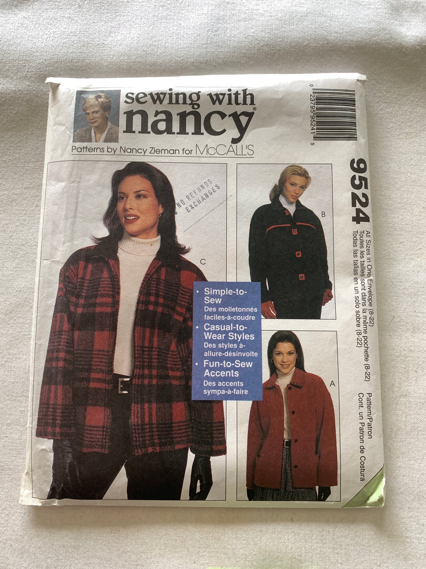 McCall's Sewing Pattern Nancy Zieman 9524 Misses' Unlined Jacket, Long Sleeves, 3 Variations, Size 8-14, Cut, Vintage 1998