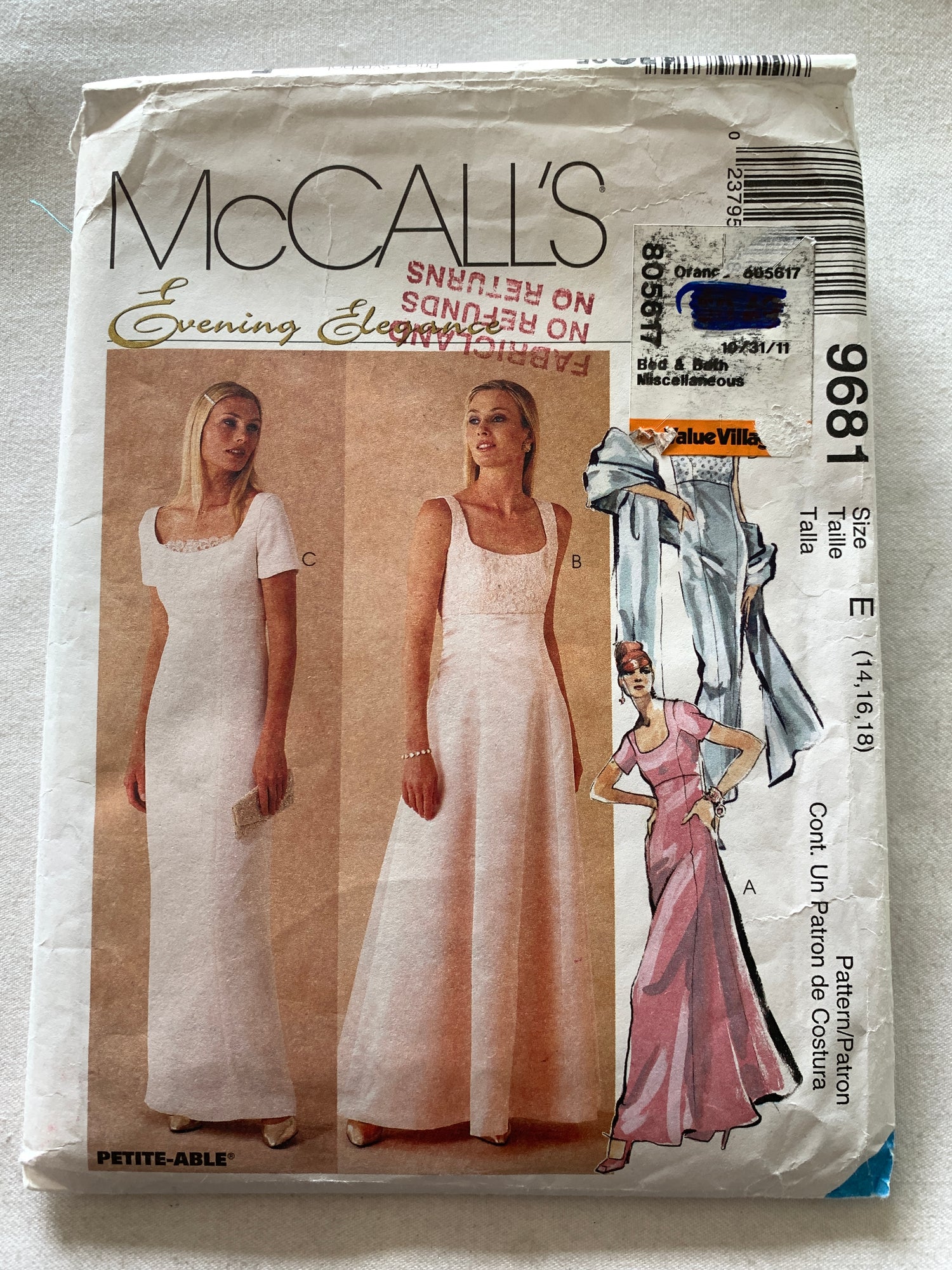 McCall's Sewing Pattern 9681 Misses' Bridal Lined Gowns, Dress, Scarf, Size 14-18, Cut, Vintage 1998