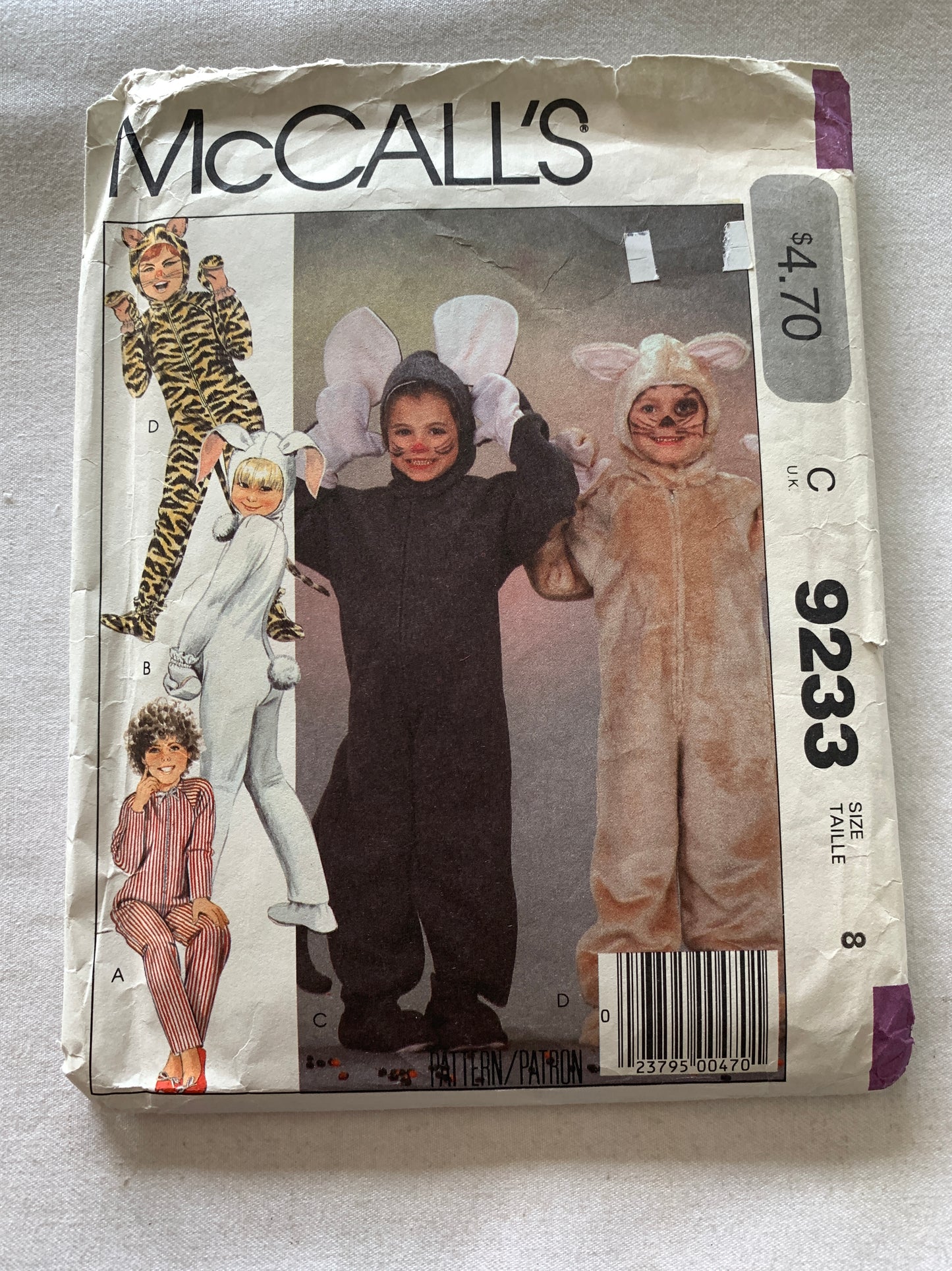 McCall's Sewing Pattern 9233 Crafts Toddlers'/Boys'/Girls, Animal Costumes Halloween, Head Piece, Mittens, Lion, Mouse, Bunny, Bear, Cat, Boots, Size 8, Cut, Vintage 1986