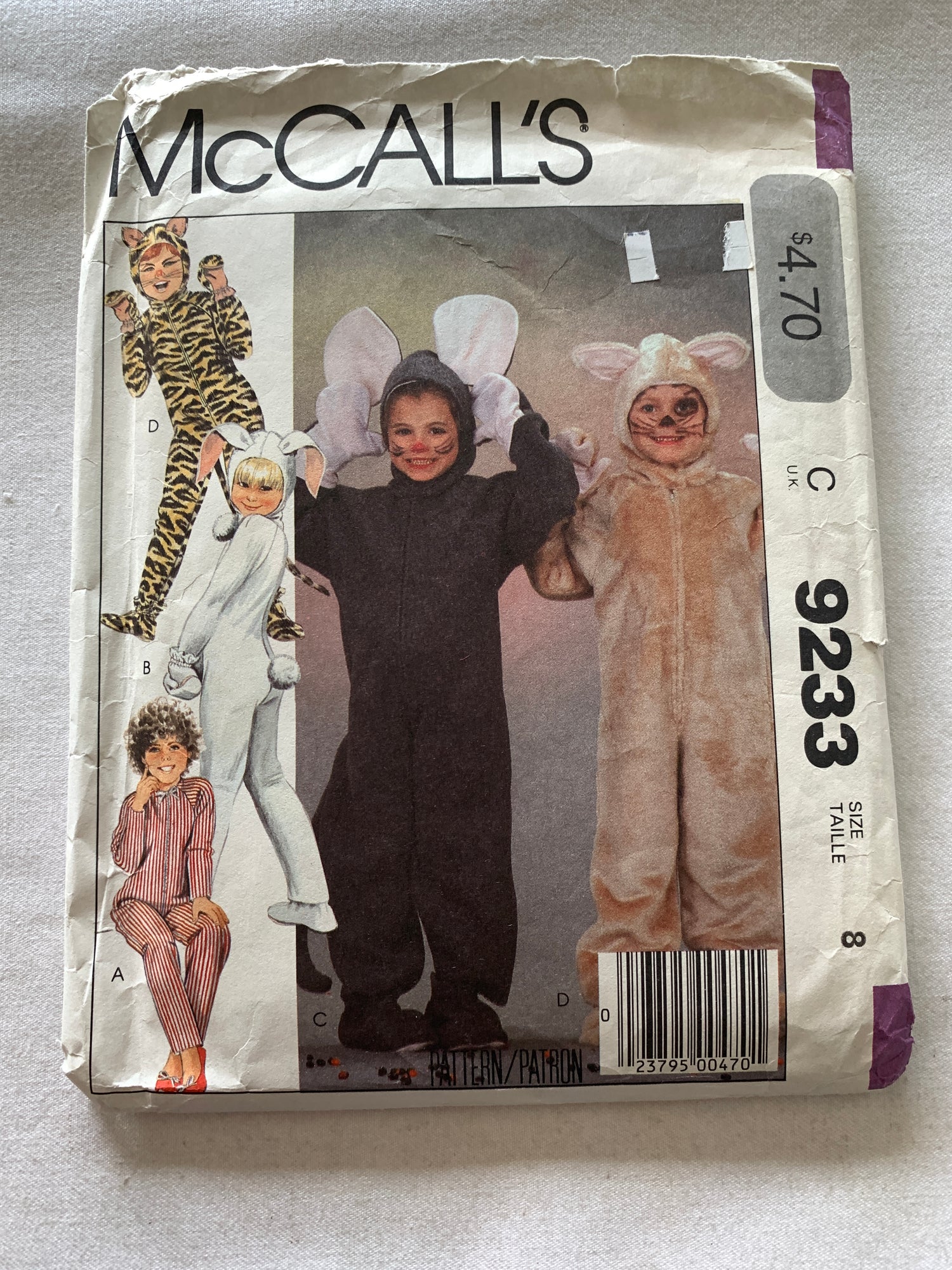 McCall's Sewing Pattern 9233 Crafts Toddlers'/Boys'/Girls, Animal Costumes Halloween, Head Piece, Mittens, Lion, Mouse, Bunny, Bear, Cat, Boots, Size 8, Cut, Vintage 1986