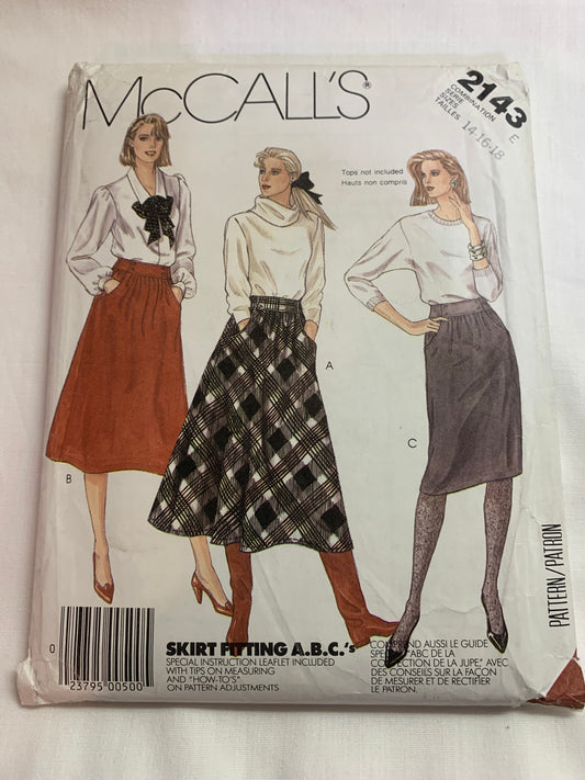 McCall's Sewing Pattern 2143 Misses' Skirt, Square Shawl, Two Lengths, Pockets, Size 14-18, Uncut, Vintage 1985