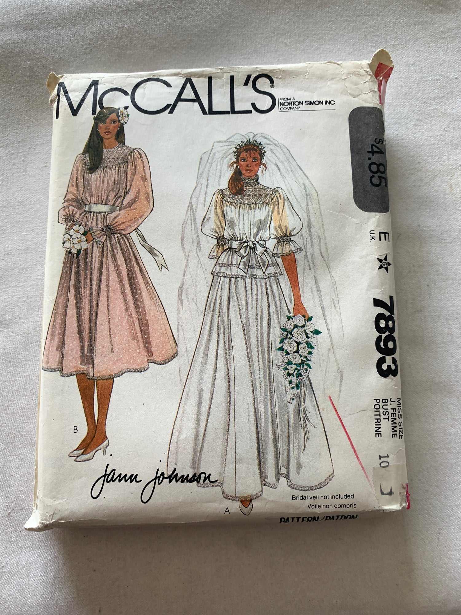 McCall's Sewing Pattern 7893 Misses' Brides/Bridesmaid  Gowns, Dress, Slip, Blue Transfer, Size 10, Cut, Vintage 1982