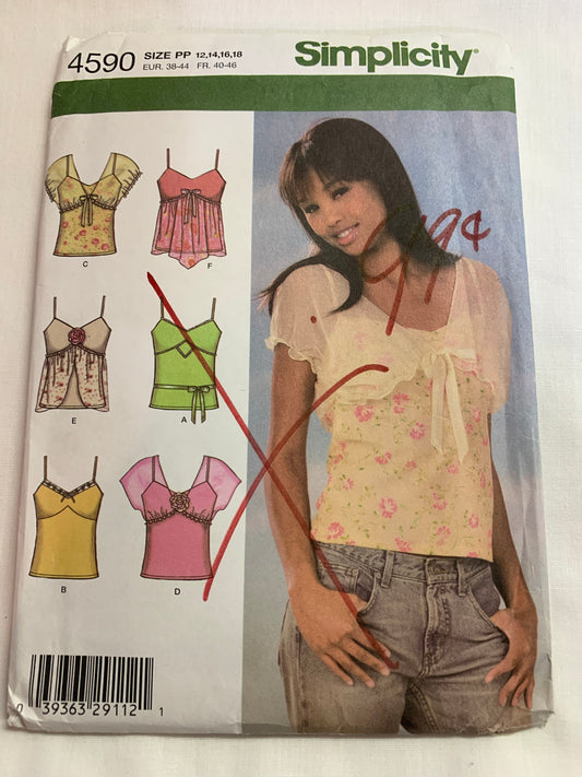Simplicity Sewing Pattern 4590 Misses' Knit Top, 6 Variations, Sleeveless, Shoulder Straps, Size 4-18, Uncut, 2005