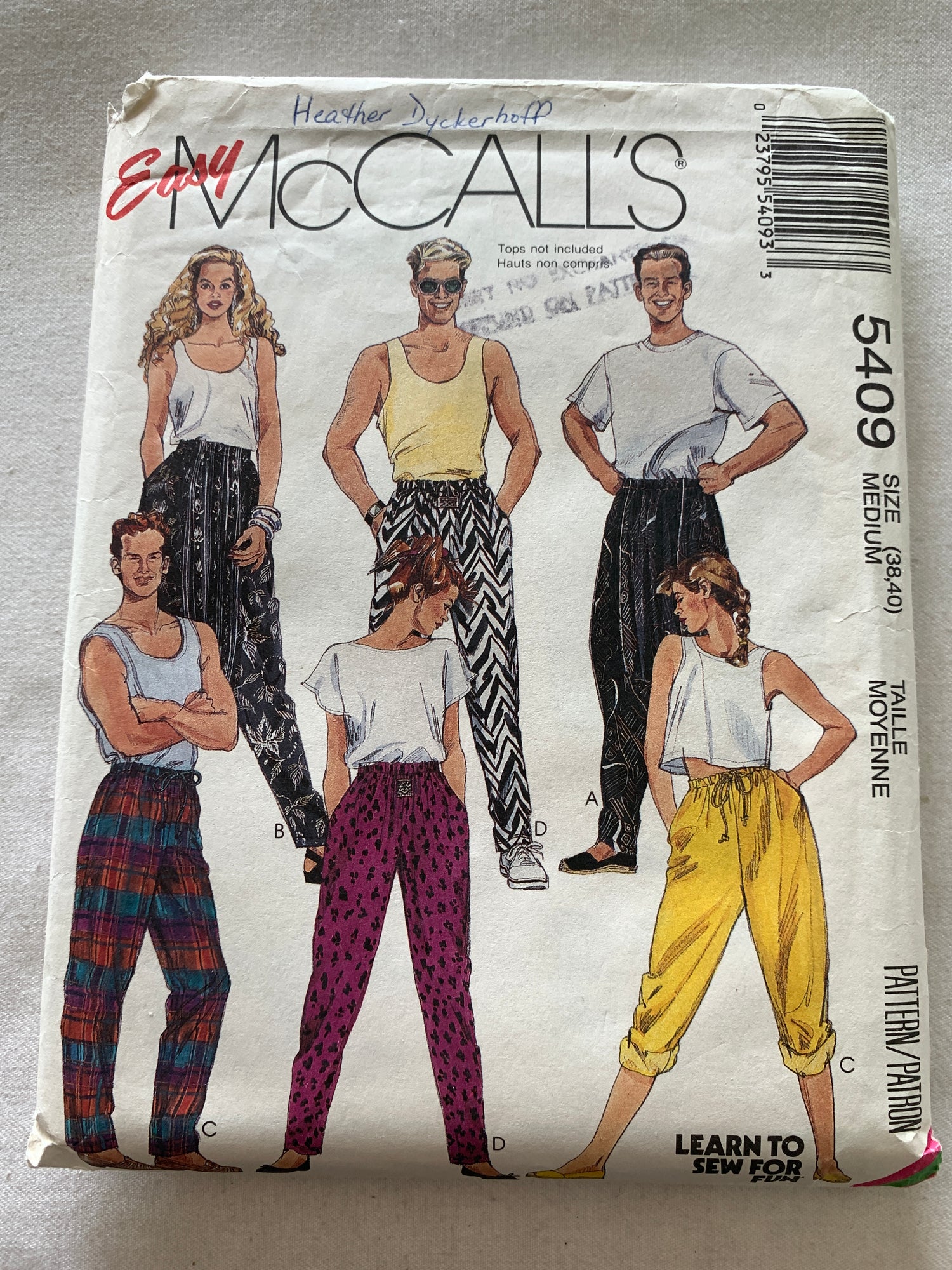 McCall's Sewing Pattern 5409 Misses'/Men's/Teens' Pants, Loose-Fitting, Elastic Waist, Size 38-40, Cut, Vintage 1991