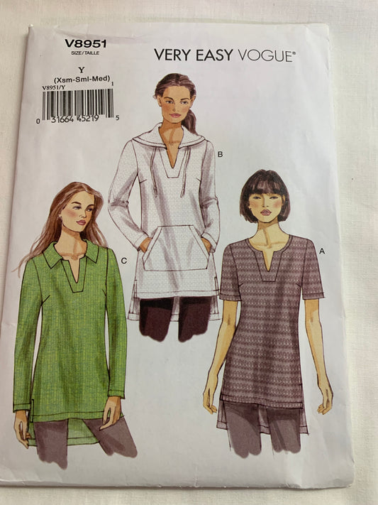 Vogue Sewing Pattern V8951 Misses' Tunic Close-Fitting, Hood, Pullover, Long/Short Sleeves, Pocket, Size 4-14, Uncut, 2013