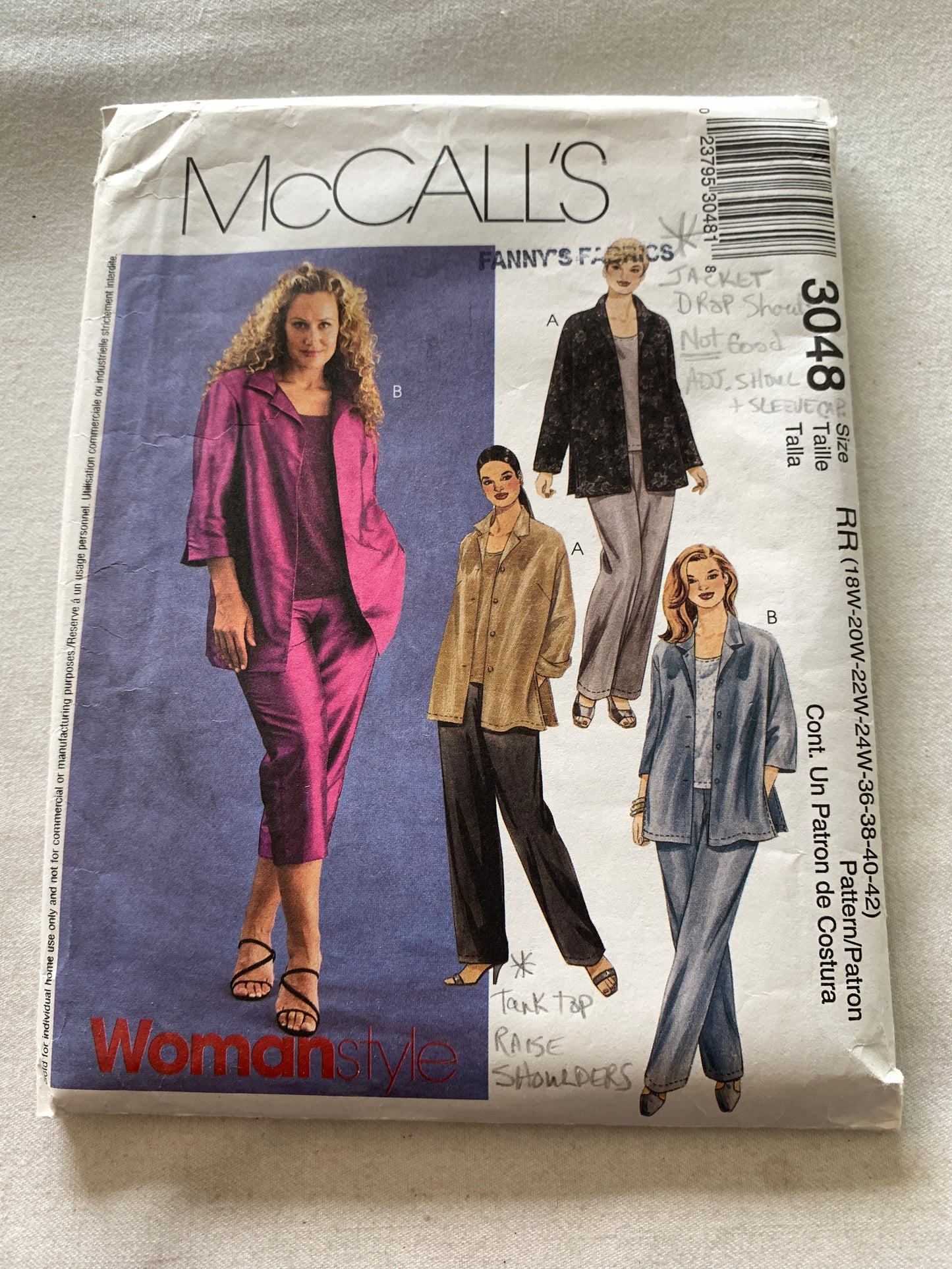 McCall's Sewing Pattern 3048 Misses'/Miss Petite Shirt Top, Pants, Two Lengths, Loose-Fitting, Size 18, Cut, Vintage 2000