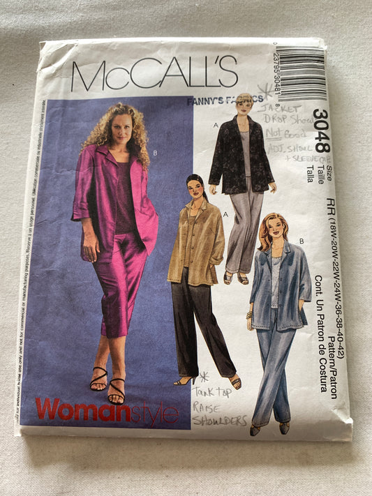 McCall's Sewing Pattern 3048 Misses'/Miss Petite Shirt Top, Pants, Two Lengths, Loose-Fitting, Size 18, Cut, Vintage 2000