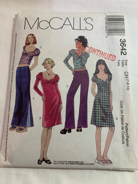 McCall's Sewing Pattern 3642 Girl' Dress, Tops, Pants, Long/Short Sleeves, Fly Zipper, Size 7-10, Uncut, 2002