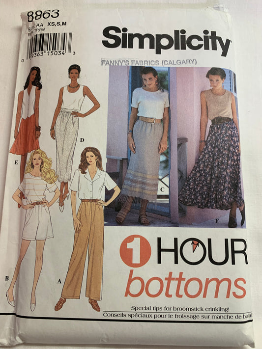 Simplicity Sewing Pattern 8863 Misses' Circle Skirts, Pants, Shorts, Pull-On, Elastic Waist, Size 6-16, Uncut, Vintage 1994