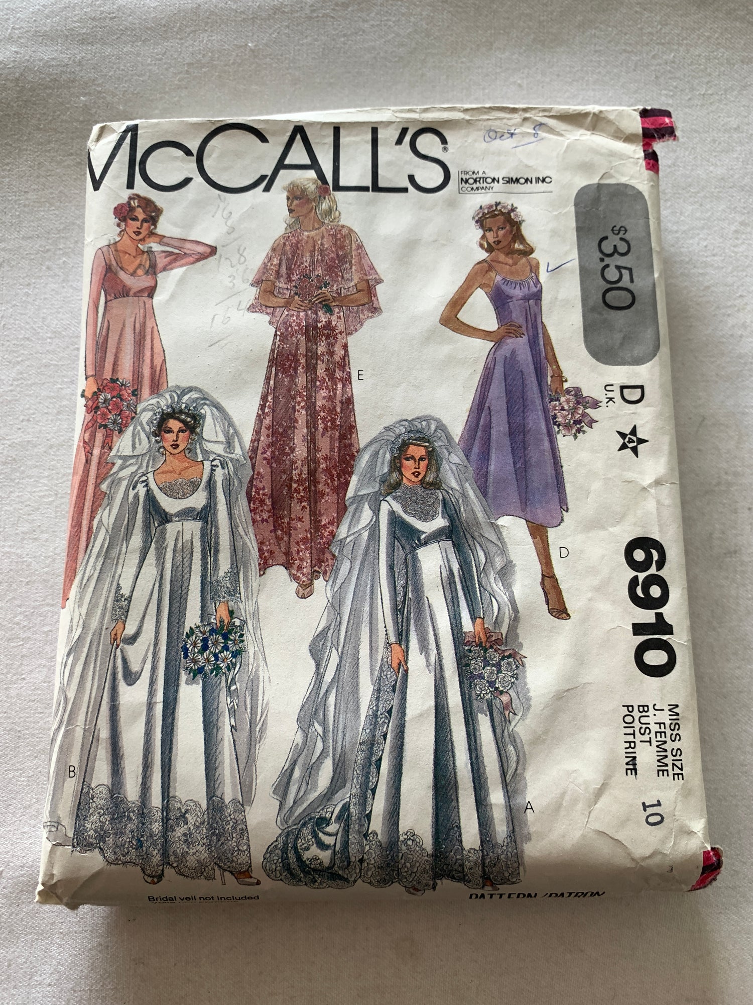McCall's Sewing Pattern 6910 Misses' Brides/Bridesmaid  Gowns, Dress, Train, Cape, High Waisted, Zipper Back, Size 10, Cut, Vintage 1979