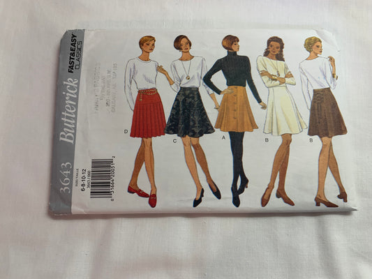 Butterick Sewing Pattern 3643 Misses' Skirt, Flared, Side/Back Zipper, Pleats, Size 6-12, Uncut, Vintage 1994