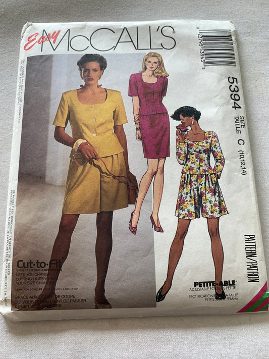 McCall's Sewing Pattern 5394 Misses' Top, Skirt, Shorts, Zipper Back, Long/Short Sleeves, Semi-Fitted, Size 10-14, Cut, Vintage 1991