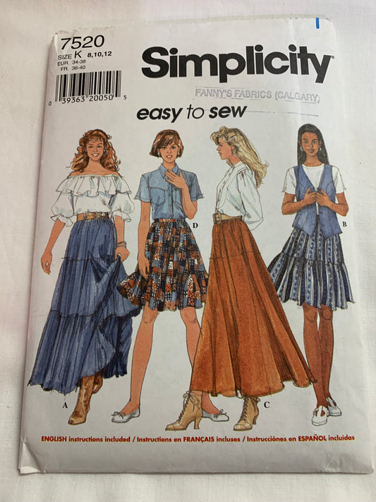 Simplicity Sewing Pattern 7520 Misses' Western Skirts, Circular, Ruffles, Zipper Back, 4 Variations, Two Lengths, Size 14-18, Uncut, Vintage 1997