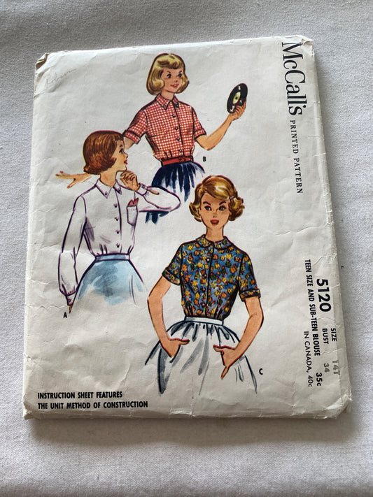 McCall's Sewing Pattern 5120 Girls'/Teens' Blouse, Button Front, Pockets, Long/Short Sleeves, Three Variations, Peter Pan Collar, Size 14T, Cut, Vintage 1950