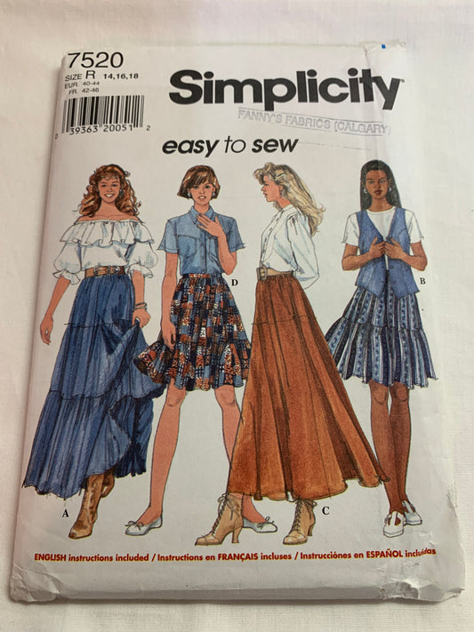 Simplicity Sewing Pattern 7520 Misses' Western Skirts, Circular, Ruffles, Zipper Back, 4 Variations, Two Lengths, Size 14-18, Uncut, Vintage 1997