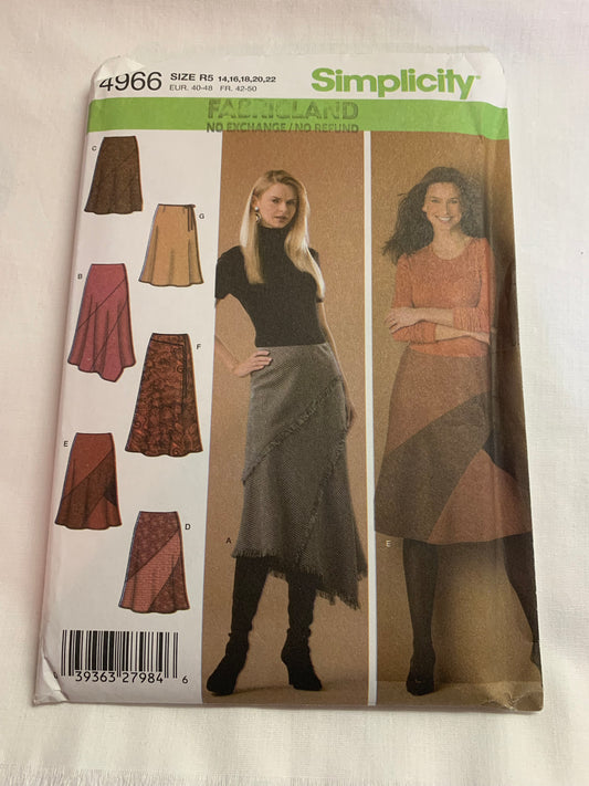 Simplicity Sewing Pattern 4966 Misses' Skirt, Zipper Back, Two Lengths, 8 Variations, Size 14-22, Uncut, 2004