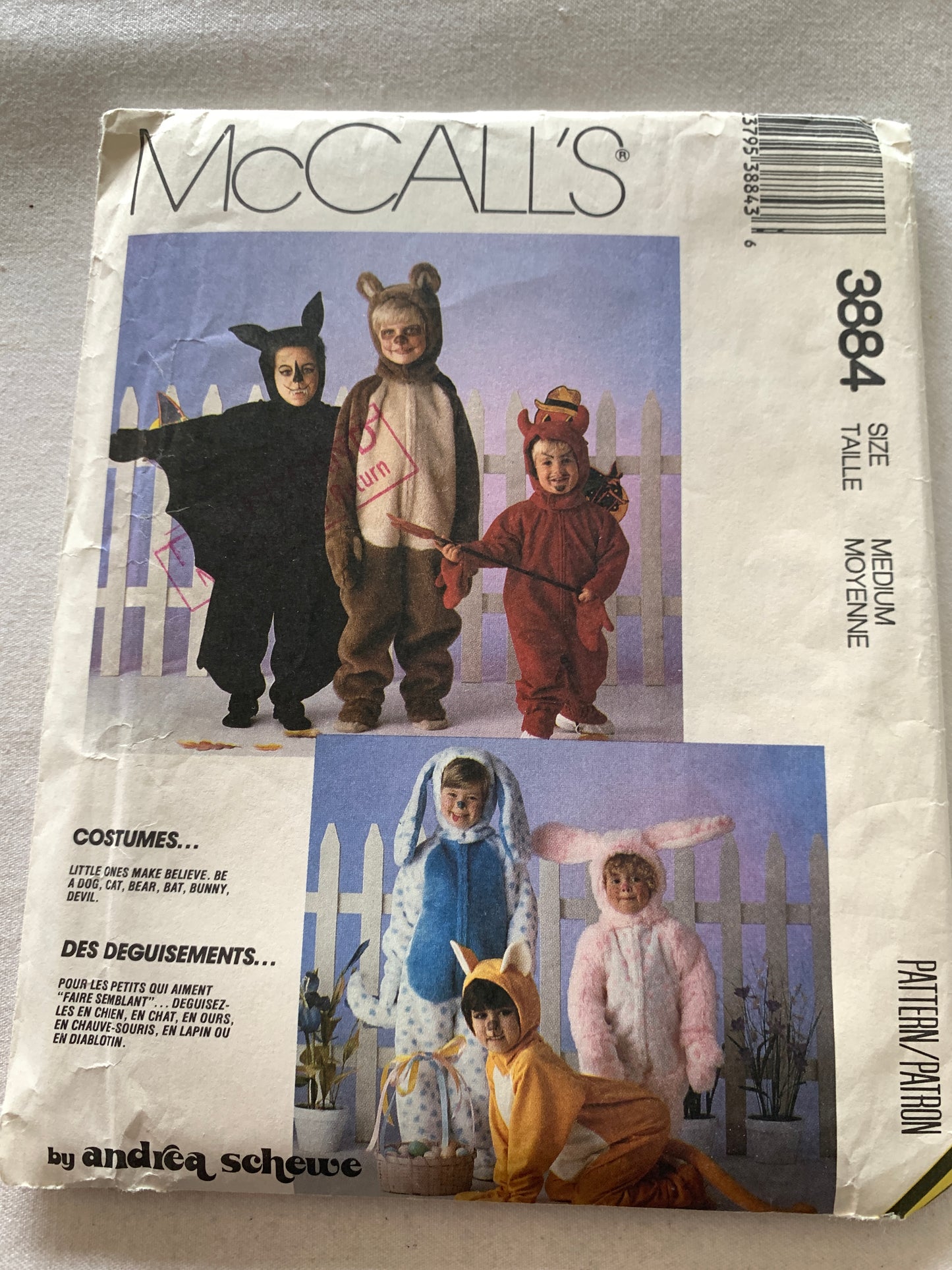 McCall's Sewing Pattern 3884 Crafts Boys'/Girls, Costumes, Halloween, Dog, Cat, Bear, Bat, Bunny, Devil, Dress-up, Size 5-6, Cut, Vintage 1988