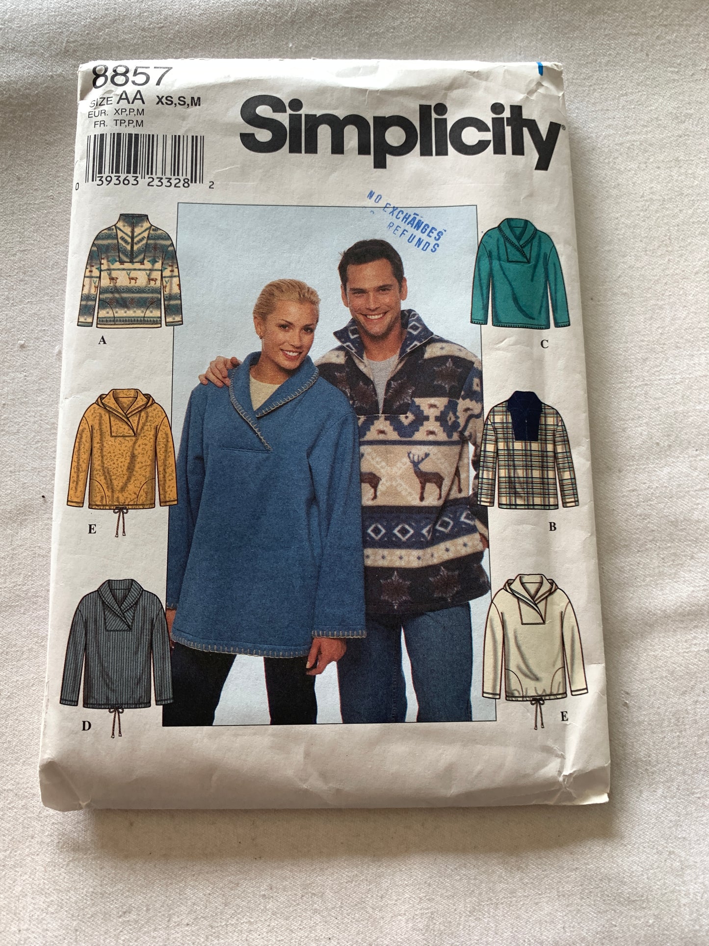 Simplicity Sewing Pattern 8857 Misses'/Men's/ Teens' Knit Top, Hood, Loose-Fitted, Pockets, Pullover Size 30-36, Cut, Vintage 1999