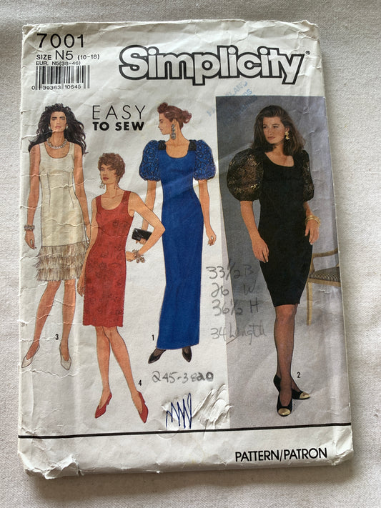 Simplicity Sewing Pattern 7001 Misses'/Miss Petite Dress, Two Lengths, Short Sleeves, Sleeveless, Zipper Back, Semi-Fitted, Size 10, Cut, Vintage 1990