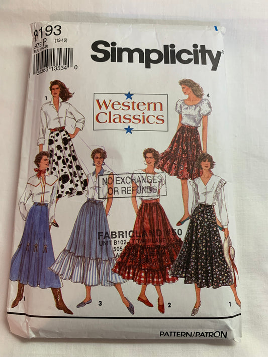 Simplicity Sewing Pattern 8193 Misses' Western Skirts, Circular, Ruffles, Zipper Back, 2 Variations, Size 12-16, Cut, Vintage 1996
