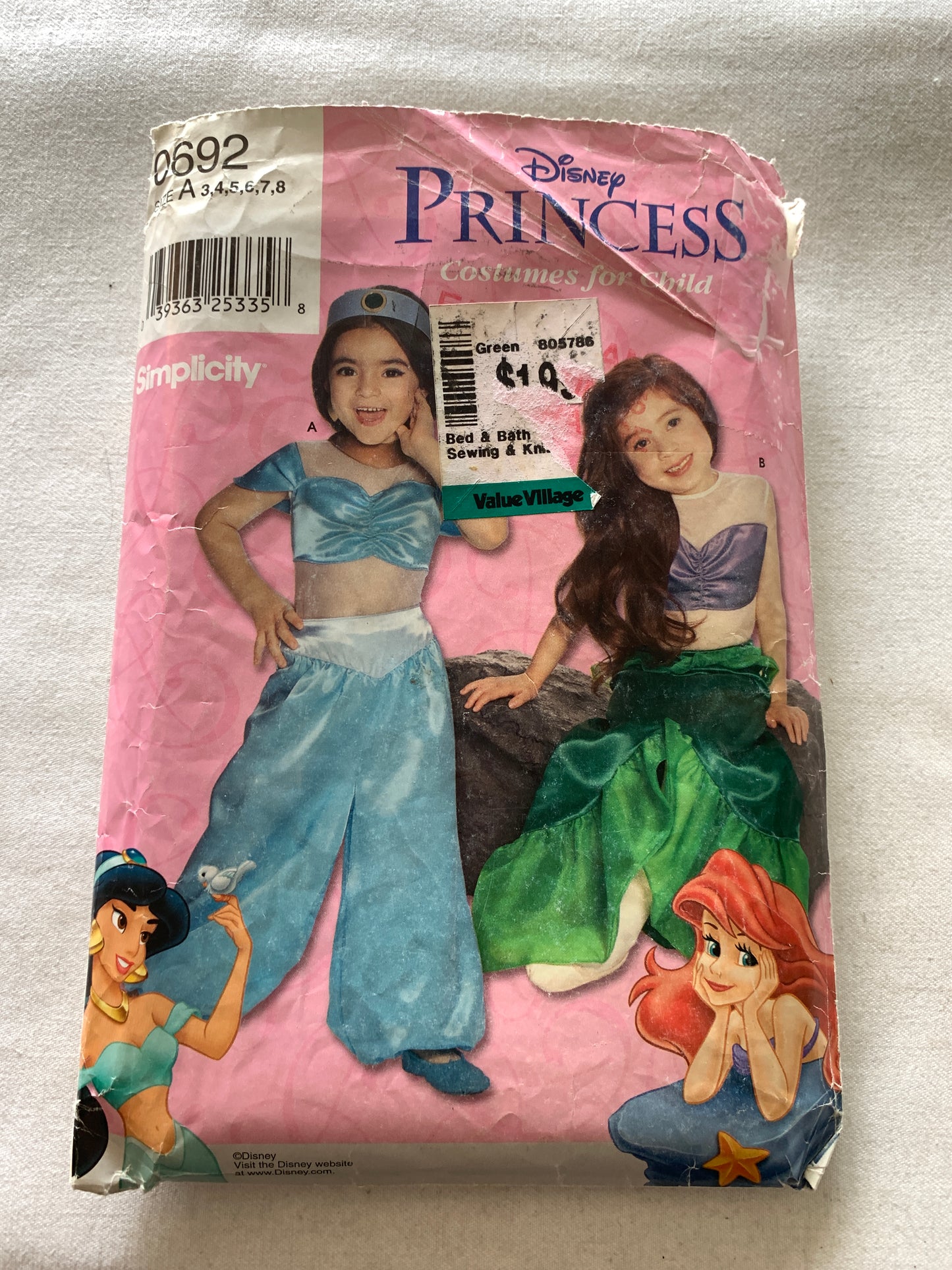 Simplicity Sewing Pattern 0692 Disney Girls' Costume, Halloween, Princess, Little Mermaid, Jasmine ,Ariel, Size 5-6, Cut, 2001