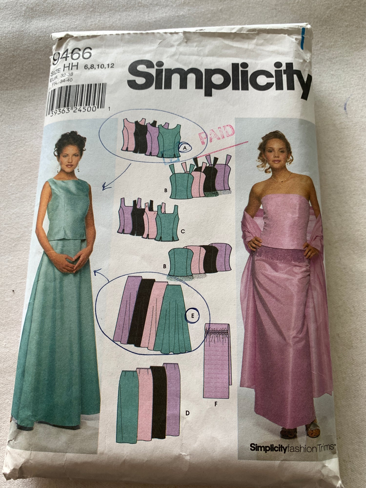 Simplicity Sewing Pattern 9466 Misses' Top, Skirt, Wrap, Princess Seams, Sleeveless, Button Back, Size 6-12, cut, 2000 