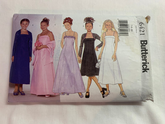 Butterick Sewing Pattern 6421 Children's/Girls Dress, Three Lengths, Close-Fitting, Shrug, Sleeveless, Princess Seams, Zipper Back, Size 7-10, Cut, Vintage 1999