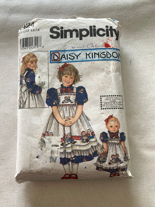 Simplicity Sewing Pattern Daisy Kingdom 9424 Girls' Dress, Long/Short Sleeves, Zipper Back, Tie Ends, Collar, Size 5-8, 18" Doll Dress, Cut, Vintage 1996