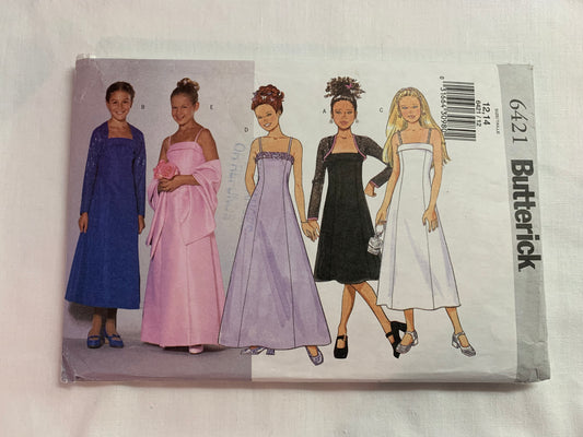 Butterick Sewing Pattern 6421 Children's/Girls Dress, Three Lengths, Close-Fitting, Shrug, Sleeveless, Princess Seams, Zipper Back, Size 12-14, Cut, Vintage 1999