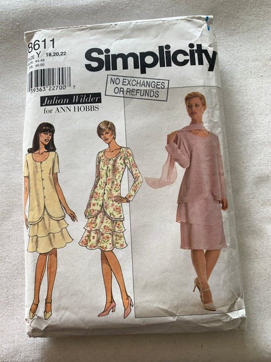 Simplicity Sewing Pattern Daisy Kingdom 9424 Girls' Dress, Long/Short Sleeves, Zipper Back, Tie Ends, Collar, Size 5-8, 18" Doll Dress, Cut, Vintage 1996