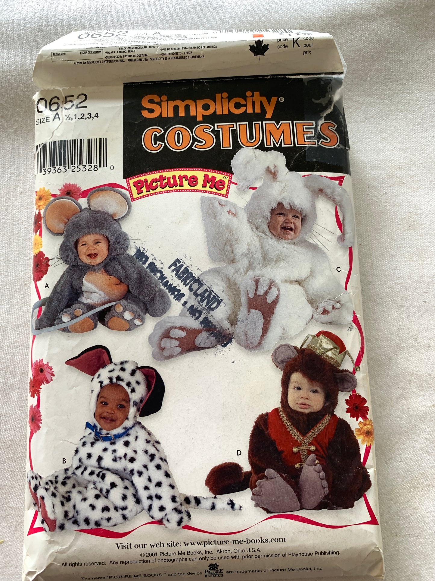 Simplicity Sewing Pattern 0652 Toddlers' Costumes, Mouse, Jumpsuit, Dog, Bunny, Monkey, Hood, Feet, Mittens, Ears, Hands, Cut, Size 1/2, 2001