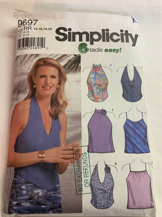 Simplicity Sewing Pattern 9697 Misses' Tops, Back Ties, Sleeveless, 6 Variations, Shoulder Straps, Size 14-20, Cut, 2001