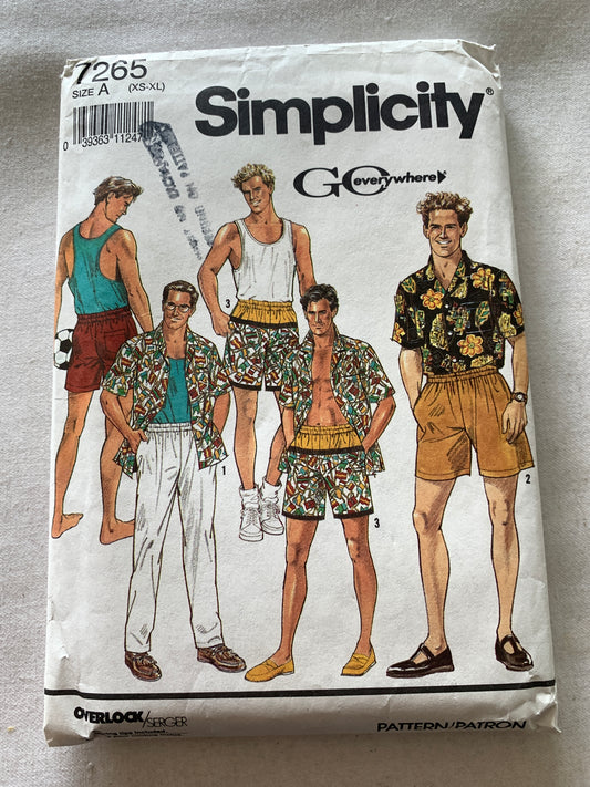 Simplicity Sewing Pattern 7265 Men's Pull-On Pants, Shorts, Shirt, Tank Top, Stretch Knit Only, Pullover, Size 30-40, Cut, Vintage 1991